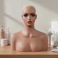 Female Mannequin Head with Shoulders Life-Size Synthetic Hair Mannequin Bust Light Weight Female Hairpiece Head Bust for Salon