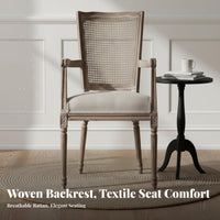 Distressed Finish French Country Dining Chair Comfortable Seating Vintage Design Dining Chair Breathable Backrest Upholstered Rattan Back Armchair Long-Lasting for Restaurant Owners, Interior Decorators, Homeowners, Living Room, Bedroom, Study