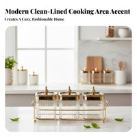 Ribbed Glass-Like Texture Gold Trim Condiment Box Set Luxury Storage Jars with Tray for Party Hosts, Dining Table, Living Room