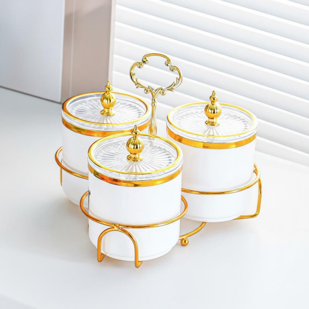 Clear View Luxury Snack Container Airtight Lids Decorative Jar Set with Stand Ribbed Texture Multi-Compartment Food Server for Hosts, Living Room, Party, Wedding
