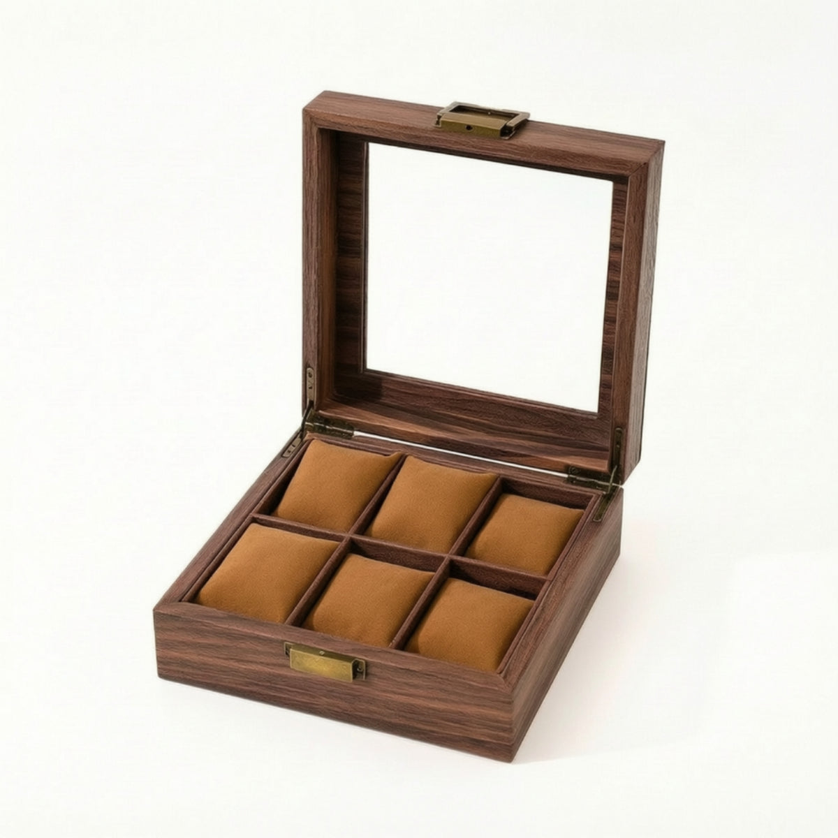 Display-Style Watch Storage Box with Transparent Lid Wood-Grain 6-Slot Watch Organizer Compact Soft for Dresser