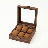 Display-Style Watch Storage Box with Transparent Lid Wood-Grain 6-Slot Watch Organizer Compact Soft for Dresser