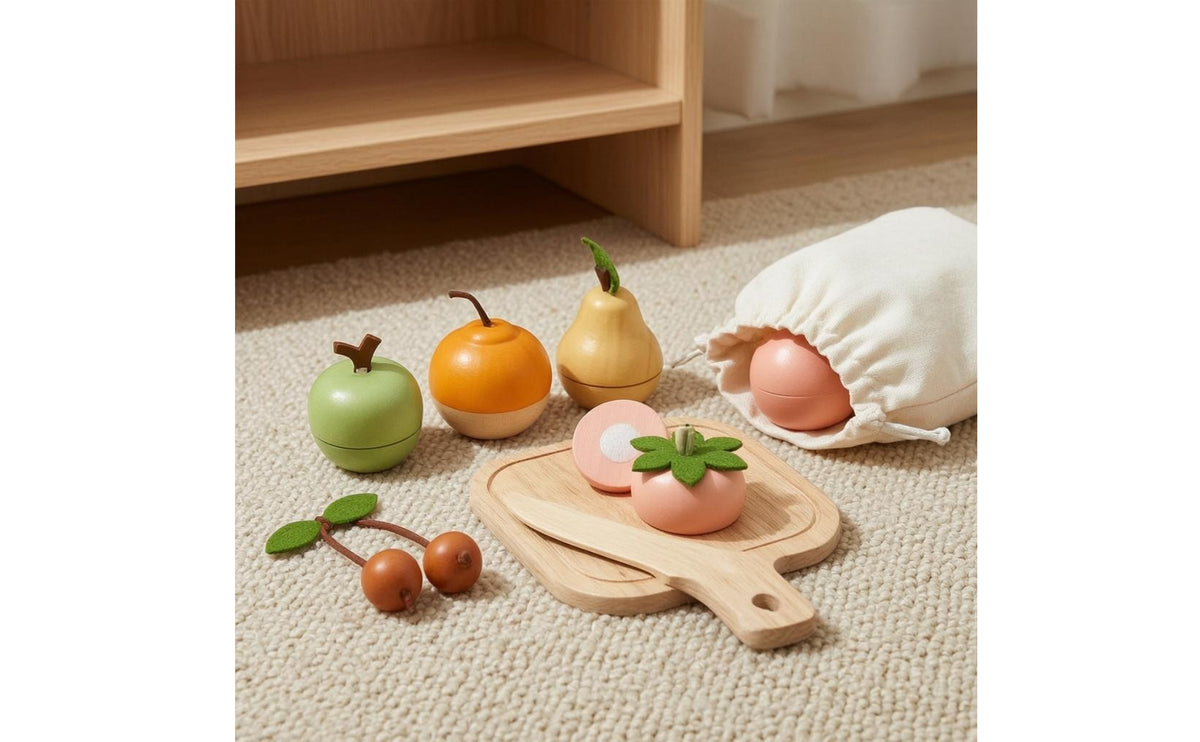 Storage Bag Pretend Fruit and Vegetable Set Painted Wooden Fruit Cutting Toy Fine Motor Skills Wooden Vegetable Cutting Toy Hand-Eye Coordination for Children