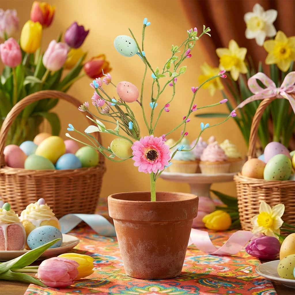 Artificial Easter Egg Branch Festive Atmosphere Artificial Easter Egg Arrangement Colorful Spring Table Decoration for Families, Home, Kitchen, Office