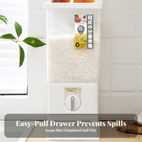 Airtight Seal 15kg Rice Storage Container Large Capacity Measuring Rice Bin with Drawer Single-Press Dispensing for Kitchen