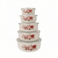 5 Pieces Enamel Food Storage Bowl Printed for Kitchen