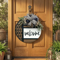 Layered Bow Round Wooden Welcome Sign Raised Script Round Welcome Sign Black and White Holiday Door Decor Farmhouse Style
