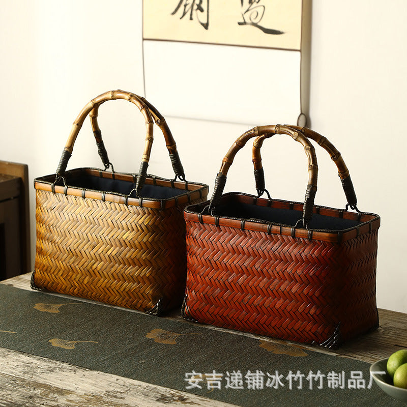 New Bamboo Woven Bag, Chinese Style Tea Dress Bag, Handmade Retro Mini Bamboo Basket for Tea Set Storage, Handbag