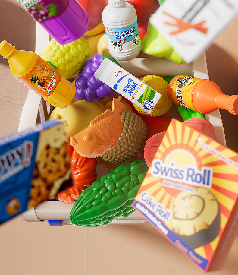 Hippo Supermarket Pretend Play Set with Shopping Cart, Fruits, Vegetables, BBQ, Snacks, and Cutting Toys