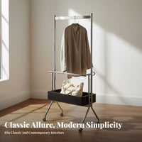 Vintage Design Stainless Steel Clothing Rack Rust Resistant Mobile Garment Rack with Storage Box Heavy Duty Unrestricted Standing Coat Stand Space Saving for Apartment Dwellers, Homeowners, Students, Bedroom, Entryway, Laundry Room, End of Bed