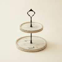 Rustic Two-Tier Dessert Stand Distressed Wooden Dessert Stand with Handle Compact Two-Tier Decorative Tray Sturdy for Hosts