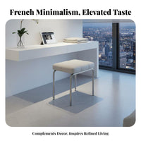 French & design Cross-Legged paddinged Bench Modern Minimalist Vanity Seat Luxury Design Upholstered Stool Polished Metal Frame for Interior Decorators, Adults, homeowners, Makeup Area, dressing area, full-length Closet, Entryway