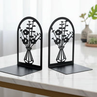 2 Pieces Space Saving Vase Pattern Bookends Sturdy Hollow Floral Book Stand Sturdy Flower Bookend Set for Bookshelf, Desk, Office