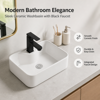White Ceramic Bathroom Sink, Rectangular Countertop Lavabo Salle de Bain Ceramique, 13cm Deep Vessel Sink with Faucet & Drain
