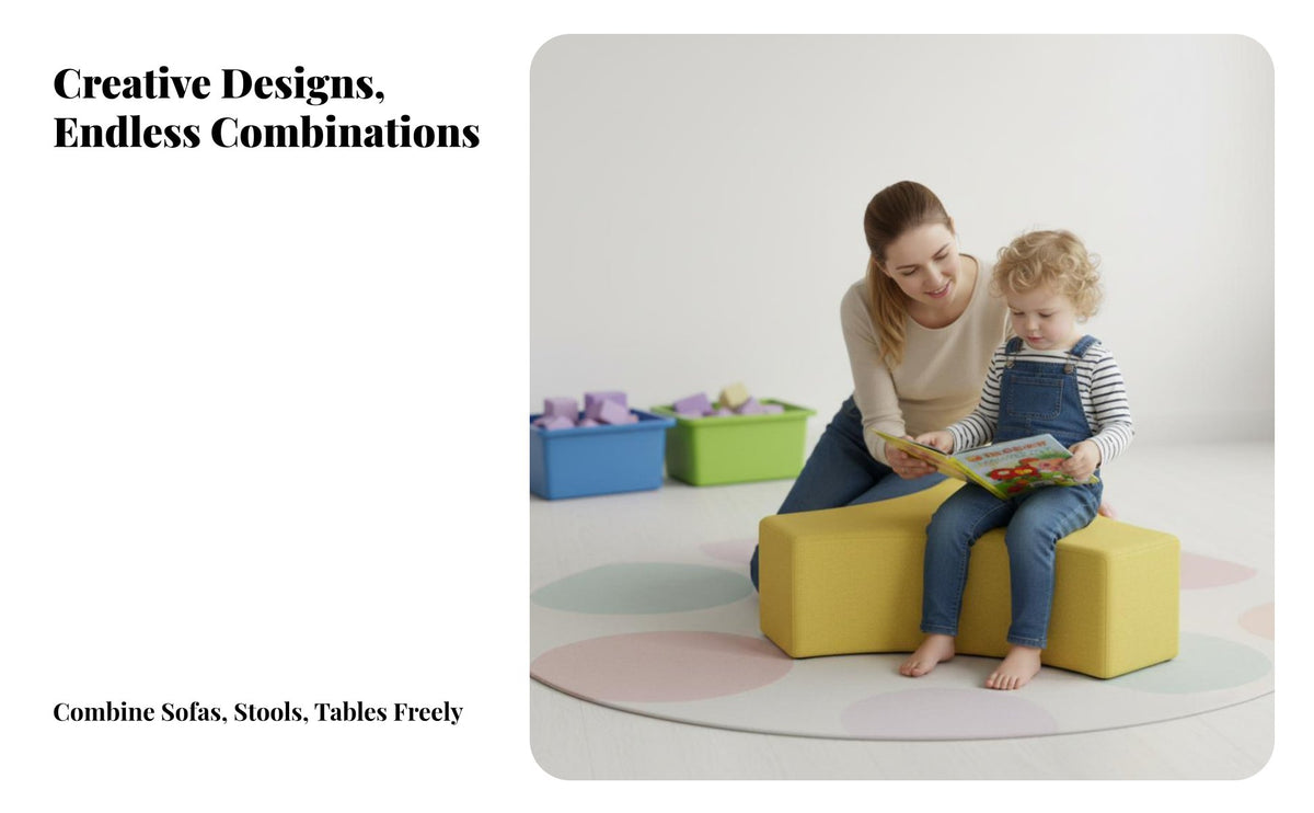 Creative Shapes Jigsaw Interlocking Bench Soft Padding children's Furniture Combinable Design Upholstered Stool Easy to Clean for Preschoolers, Grandparents, Kindergarten, Daycare Center, Waiting Room, Playroom