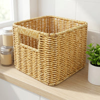 Faux Rattan Basket Handwoven Woven Storage Basket Woven Organizer Bin Compact Natural-Style for Desk, Shelf