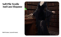 Vintage Inspired Black Lace Witch Dress Romantic Gothic Velvet Mermaid Gown Black Velvet Lace Dress for Halloween Partygoers, Goth Enthusiasts, Unconventional Fashion Fans, Cosplay Events, Costume Parties, Evening Wear, Photoshoots