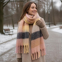 Mohair Plaid Scarf for Women, Korean Style Plush Tassel Warm Neck Wrap