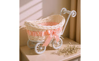 Handwoven Trolley Basket Rolling Wheels Woven Basket Pink Satin Bow Decorative Wagon uncoveredTop for Candy Holder, Small Item Storage