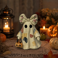 Halloween Ghost Decoration with Pail Vintage Patchwork Ghost Figure Handmade-Look Decorations Farmhouse for Shelf