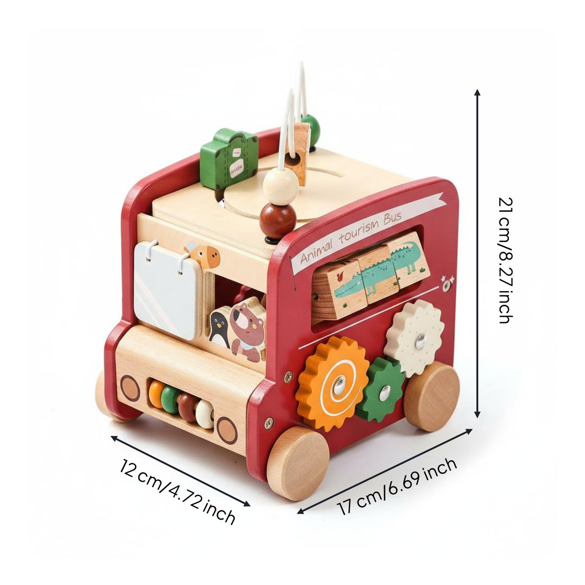 Fine Movement Skills Montessori Bus Toy Interactive Busy Board Pusher Multi-Sensory Wooden Bus Toy Hand-Eye Coordination for Toddlers, Kids, Playroom, Preschool