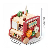 Fine Movement Skills Montessori Bus Toy Interactive Busy Board Pusher Multi-Sensory Wooden Bus Toy Hand-Eye Coordination for Toddlers, Kids, Playroom, Preschool