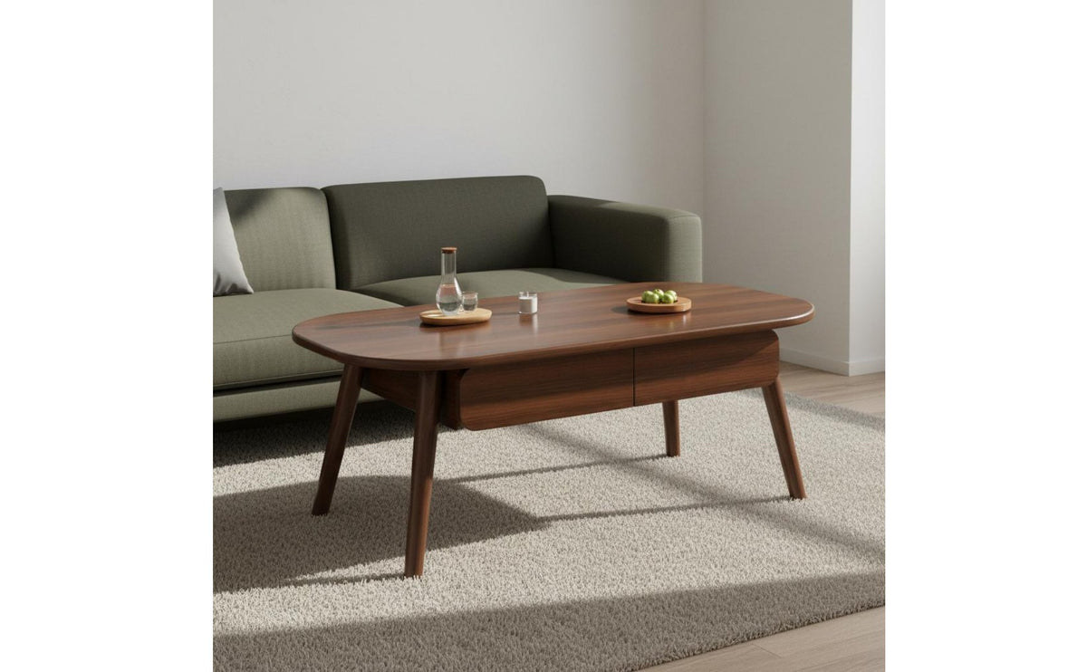 Rounded Corners Mid-Century-Century Modern Coffee Table Solid Wood Legs Wooden Coffee Table with Storage for Small Apartment Dwellers