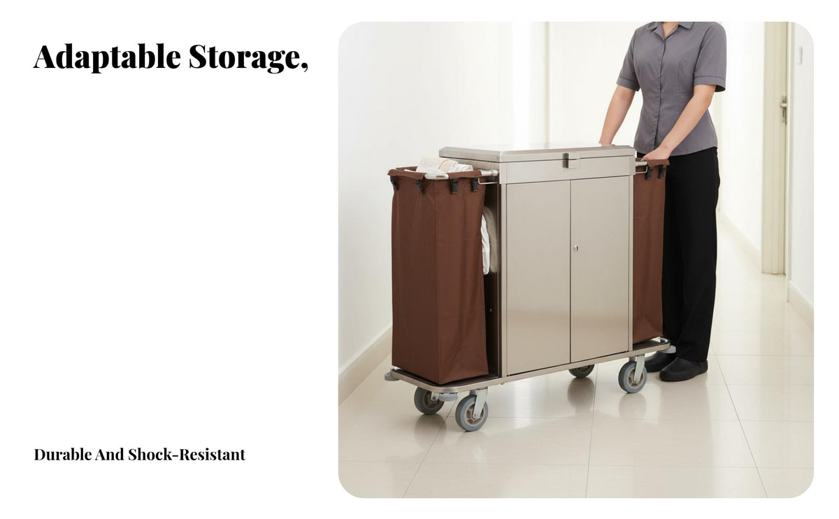 Hotel Textile Management Cart Lockable Doors Locking Housekeeping Trolley Dust-Resistant Lid Housekeeping Cart with Wheels for Janitors, Guest Rooms