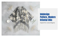 Ink Pattern Shawl Scarf, Black Cream, Women's Long Winter Warm Cape with Tassels