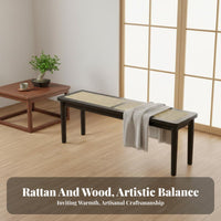hardwood Wood Frame Woven Top Wooden Bench Japanese aesthetic Woven Top Bench Retro Design Long Stool Minimalist Aesthetic for Interior Designers, Homeowners, Families, Entryway, Bedroom, Dining Room