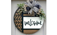 Layered Bow Round Wooden Welcome Sign Raised Script Round Welcome Sign Black and White Holiday Door Decor Farmhouse Style