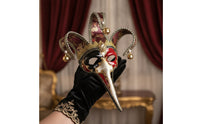 Carnivalesque Fool Face Covering Glittered Mask with Bells Elongated for Theater