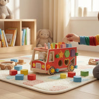 Wooden Bus with Push-Along Bus Shape Sorter Educational Wooden Shape Sorter for Young Children, Kids