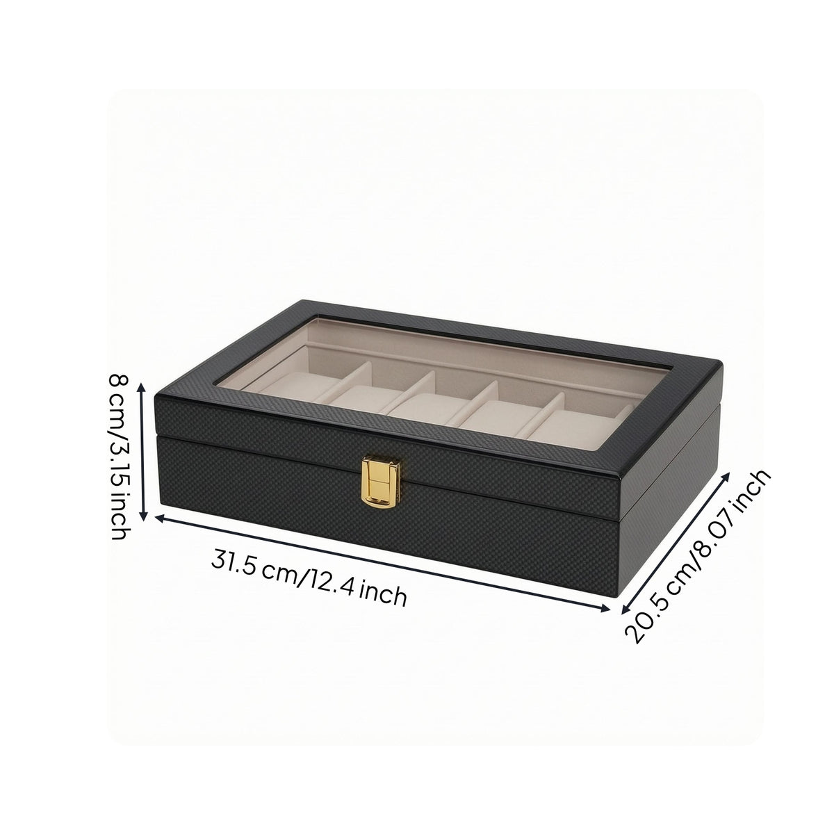 Clear Top Window Watch Display Box Carbon-Fiber-Pattern Watch Storage Box Gold-Tone Latch Lined Interior