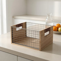 Wire Storage Basket with Wooden Handles OpenWire Mesh Top Basket with Wooden Handles Rectangular for Shelf, Desk, Pantry
