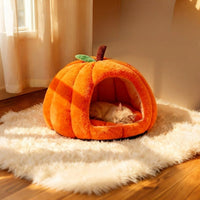 Pumpkin Cat Beds for Indoor Cats, Dog Bed with Hood and Thermal Padding, Small Dog Washable Bed with Removable Cushion and Waterproof Base