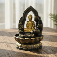 Black and Gold Fountain with Buddha Figure Textured Tabletop Water Fountain Small Zen-Style for Desk