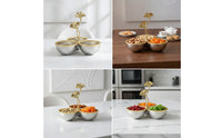 Tabletop Dish with Ginkgo Foliage & goldenTone Snack Bowl with Leaf Topper Ribbed for Home Entertaining