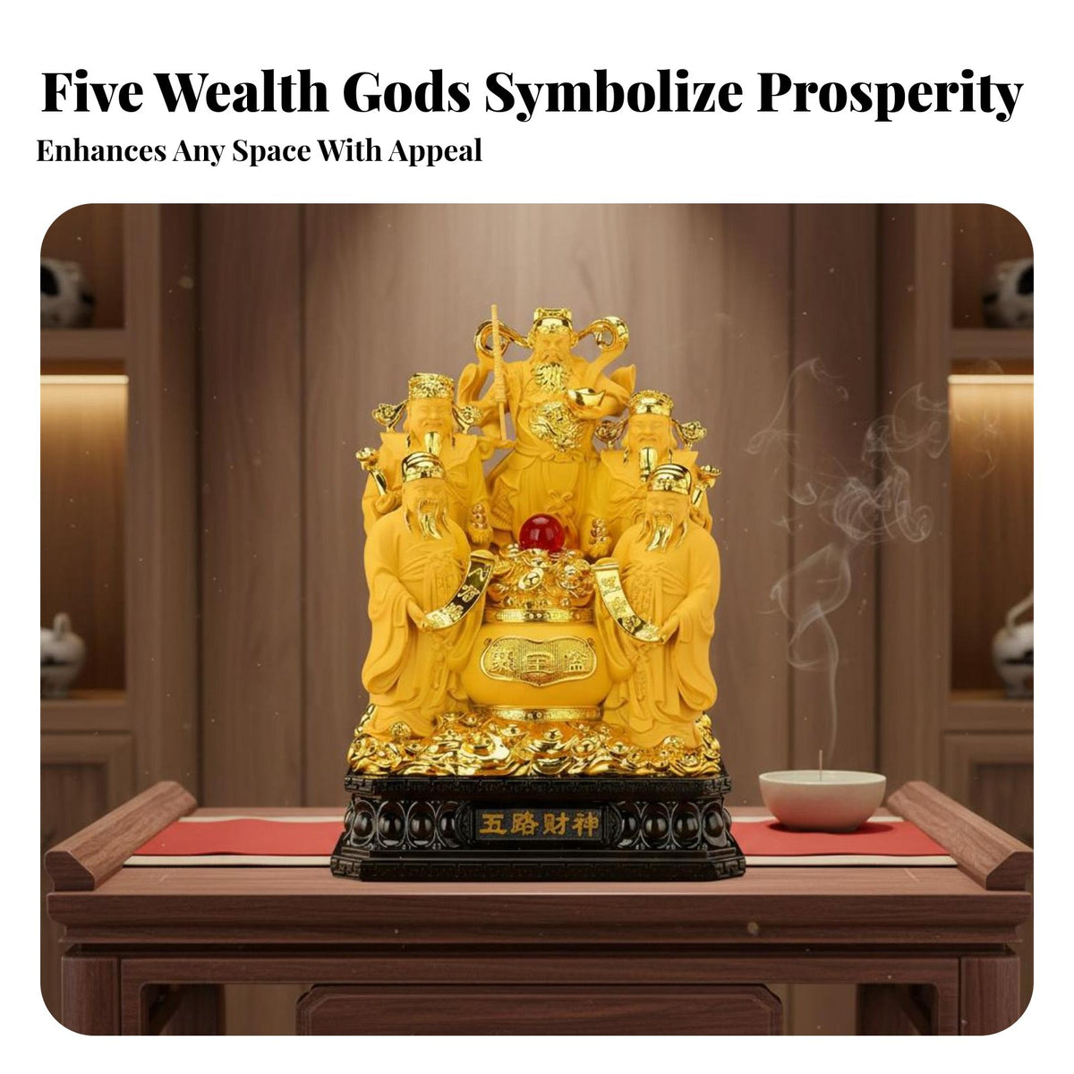 Five Gods of Wealth Statue Detailed Craftsmanship Chinese Deity of Prosperity Figurine Intricate Carving Prosperity Deity Treasure Basin Sculpture