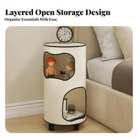 distinctive Tree-Hole Design Round Nightstand with Storage alcove Space-Saving Round Tiered Cabinet Modern aesthetic Bedside Table Minimalist Aesthetic for Apartment Dwellers, Homeowners, Students, Bedroom, Small Spaces, Dorm Room