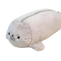 Stuffed Seal Pen Case Cartoon-Like Faux Hair Pen Case Zipper Stationery Item Protective for School, Desk