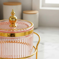 Moisture-Proof Pink Ribbed Storage Jar Airtight Seal Decorative Candy Jar Large Capacity Gold Trim Food Canister for Pantry, Kitchen Counter, Living Room