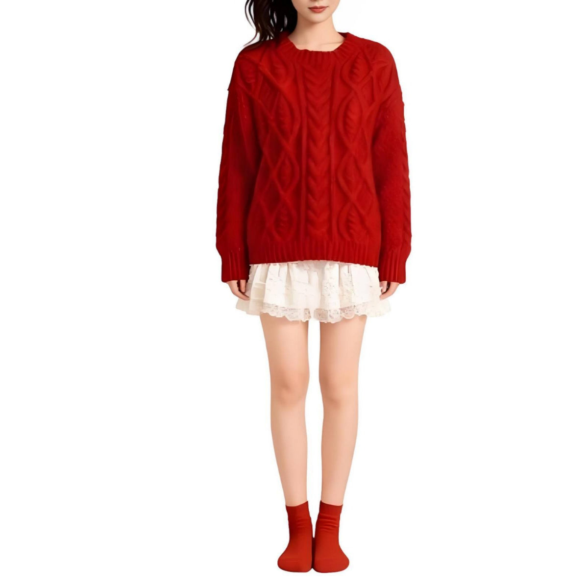 3 Pieces Holiday Themed Fuzzy Knit Crop Top Skirt Set Design Red Bunny Girl Outfit Ideal Gift Hooded Bunny Ear Costume for Young Adults, Party Goers, Cosplayers, Christmas Parties, Photo Shoots, Stage Performance, Cosplay Events