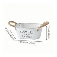 Farmhouse Metal Planter with Rope Handles Rustic Planter with Rope Handles Whitewashed Metal Flower Pot Distressed for Entry Table, Desk, Windowsill, Shelf
