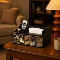 Square Tissue Box Cover with Compartments, Wooden Tissue Box Holder, MDF Desk Storage Organiser for Remote Controls, 26x16.5x13cm Vintage Design