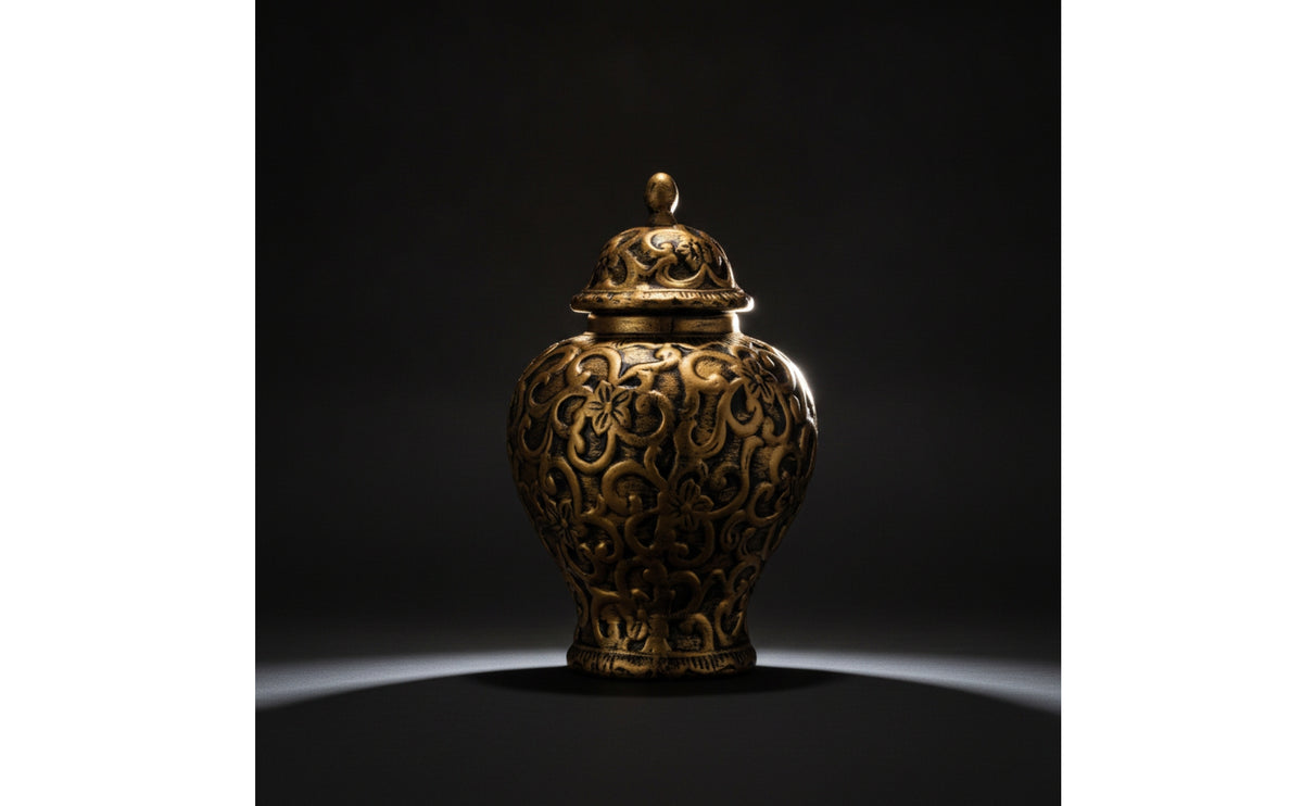 Gold-Toned Decorative Vase with Lid Ornate Vase with Lid Textured Ginger Jar Elegant for Collectors, Tabletop, Entryway, Mantel