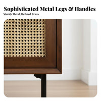 Solid Wood Construction Rattan Door Nightstand Japanese Inspired Design Bedside Table Vintage Design Storage Furniture Minimalist for Homeowners, Apartment Dwellers, Students, Bedroom, Living Room, Entryway, Home Office