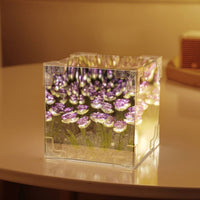 Rose Lamp with Acrylic Cube Floral Rose Night Light Flower Night Light Transparent Flower Lamp Decorative for Bedroom, Desk