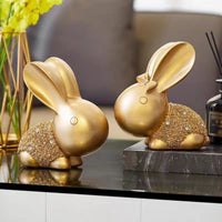 Hare Statues Pair Shiny Look Seated Bunny Figurines Stable Base Golden-Hare Figurines for Cabinet