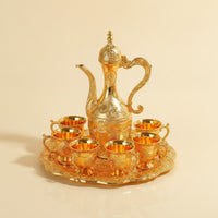 Ornate Wine Serving Set with Tray Gold-Toned Ewer and Cup Set Embossed Wine Goblets Vintage Style for Hosts, Collectors, Weddings, Home Bar, Dining Room, Housewarming